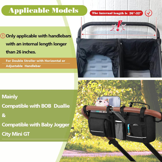 HODRANT Double Stroller Organizer Compatible with BOB Duallie & Compatible with Baby Jogger City Mini GT2 Stroller, Double Stroller Parent Console with Detachable Cooler & Cup Holder, Patent Pending