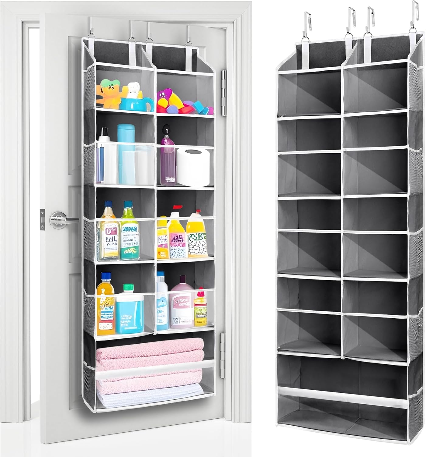 ULG 1 Pack Over Door Organizer with 5 Large and 10 Mesh Side Pockets, 44 lbs Weight Capacity Hanging Storage with Clear Window Kids Toys, Shoes, Diapers, Dark Grey, 5 Layers