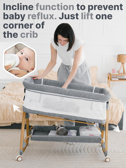 Earth&ME Baby Bassinet Bedside Sleeper with Rocking - All Mesh Portable Bedside Crib for Safe Co-Sleeping, Storage Basket and Wheels, Adjustable Height, Includes Travel Bag, Mosquito Net (Whate, Grey)