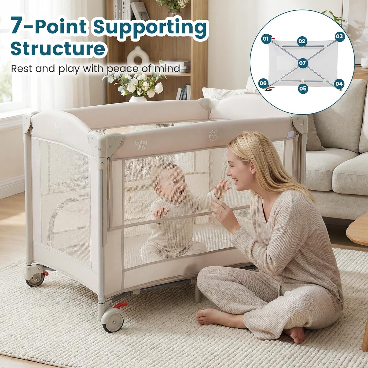 BABY JOY 5-in-1 Pack and Play with Canopy, 4 Level Heights Baby Bedside Sleeper w/Bassinet, U-Shaped Changing Table, Safety Strap, Side Zipper, Portable Bedside Crib Playard from Newborn to Toddlers