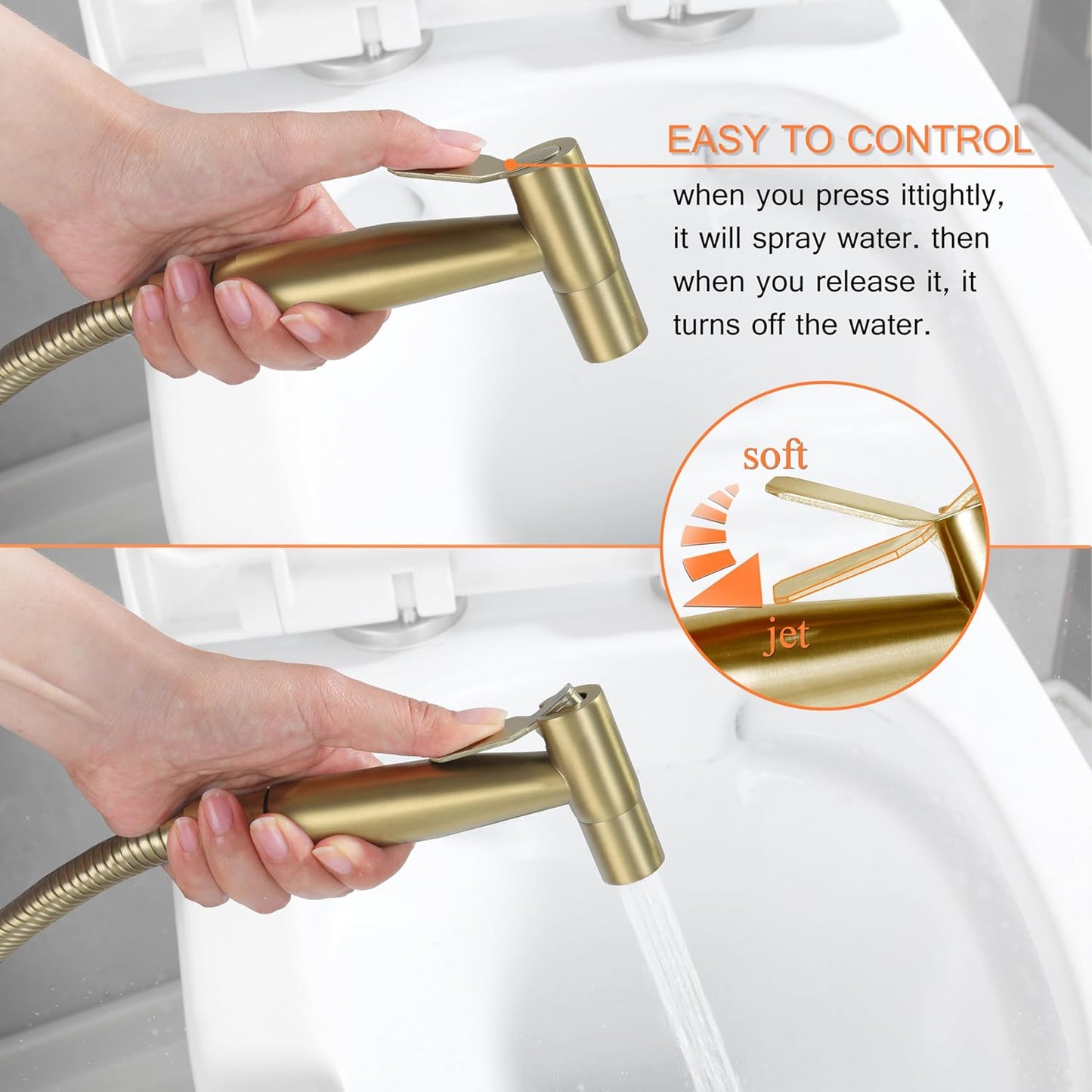 Brushed Gold Bidet Sprayer Head Only, Stainless Steel Brass Hand Bidet Sprayer with Adjustable Water Pressure Control for Baby Cloth Diaper & Bathroom & Pet Shower