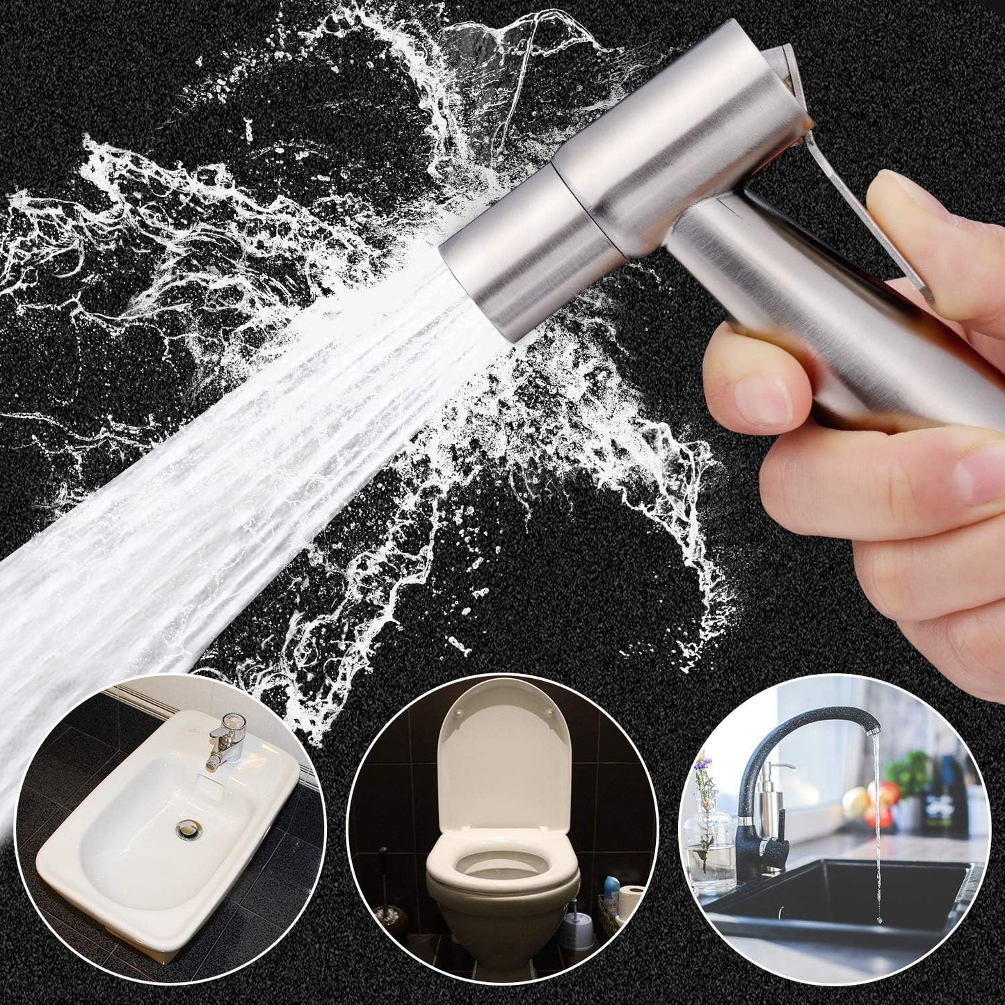 Mudder 2 Pieces Bidet Sprayer Head Stainless Steel Bidet Attachment for Toilet Handheld Cloth Bathroom Diaper Sprayer for Kitchen Adjustable Water Pressure Control (Black)