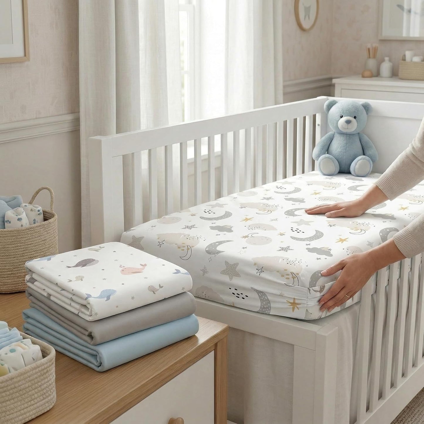 4 Pack Bassinet Sheets (19" x 33"), Compatible with Baby Delight, BabyBond, Dream On Me and Most Rectangle Bedside Sleeper Bassinet Mattress, Soft and Skin-Friendly, Mint Green and Color Rainbow