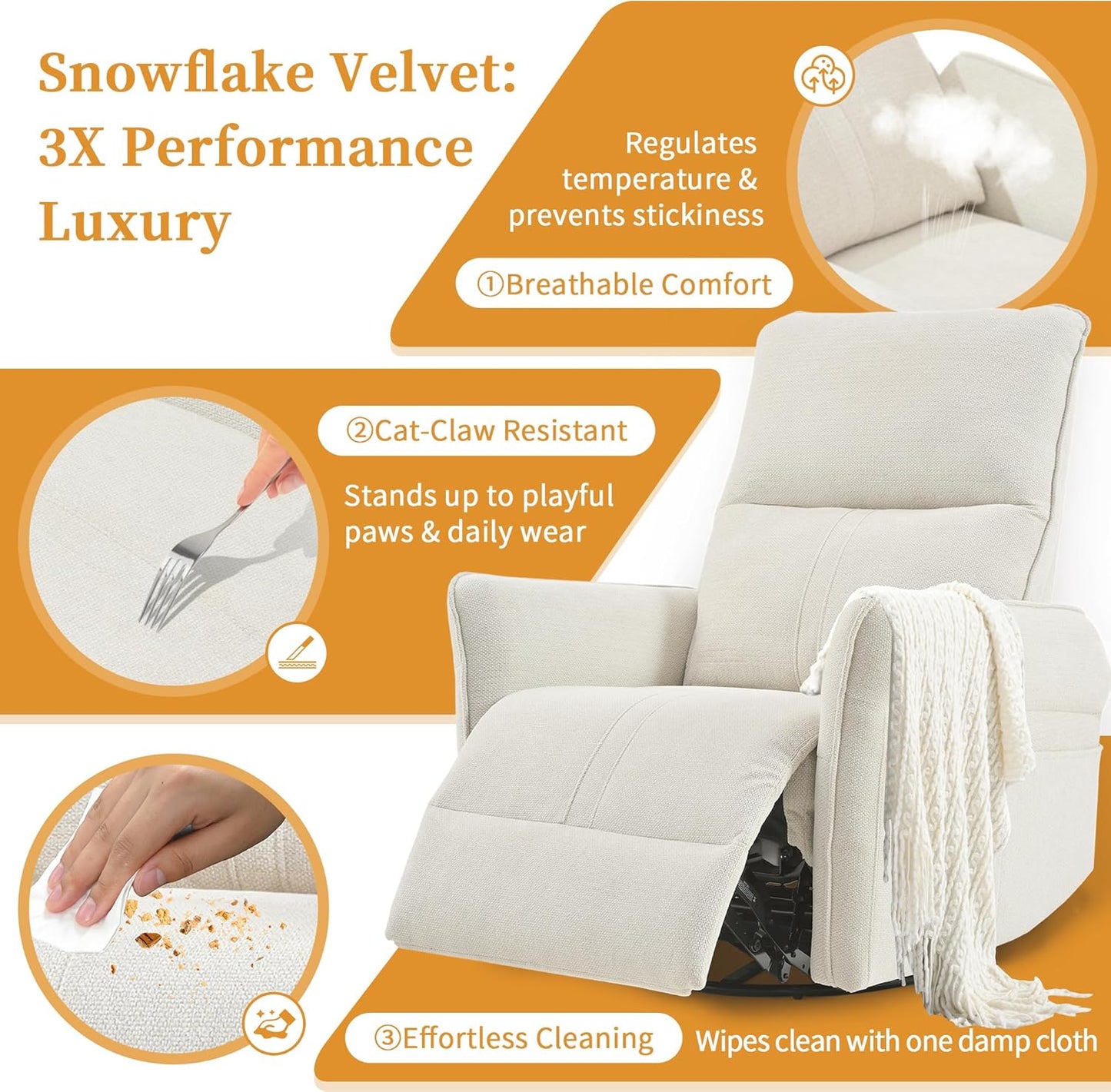 Power Swivel Rocker Recliner Chair for Nursery, Upholstered Snowflake Velvet 270°Swivel Glider Rocker Chair with USB Ports, Small Power Recliners for Small Spaces Living Room