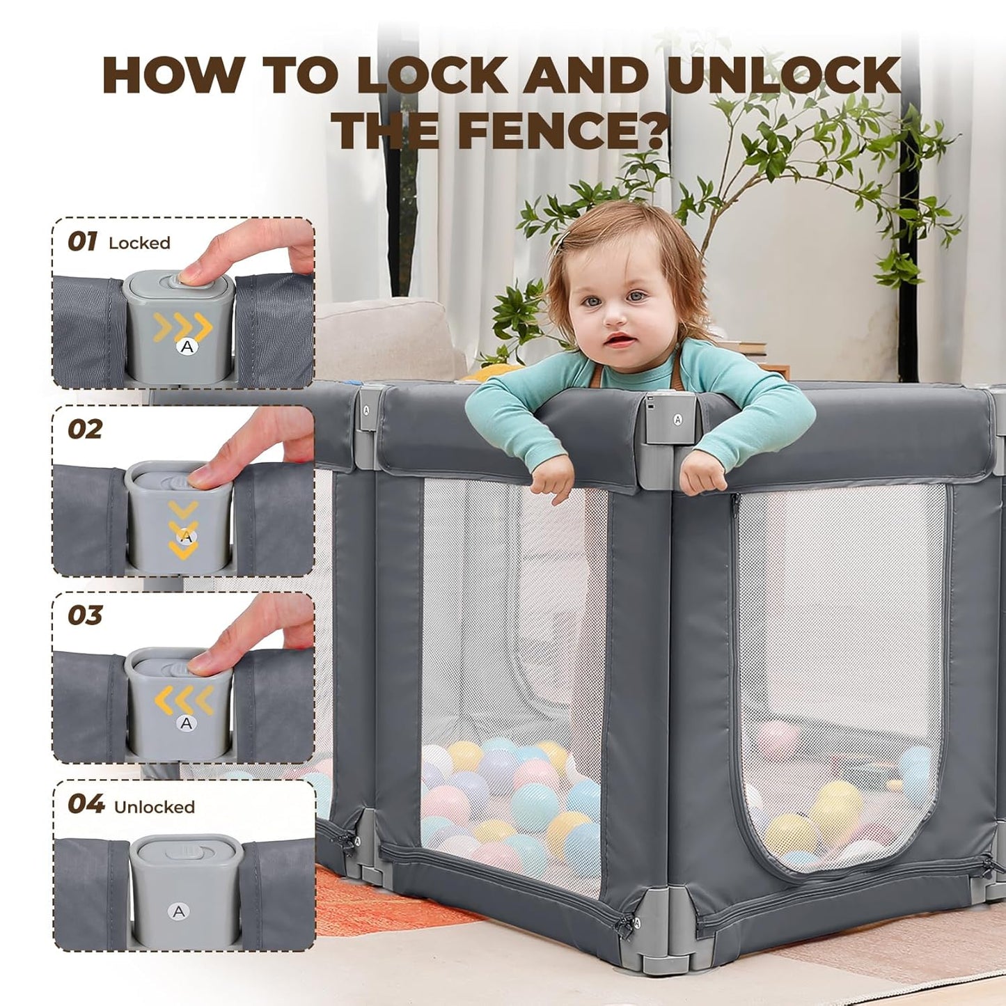 Dripex Baby Playpen, 47"x47" Small Playpen for Babies, Enhanced Safety Baby Play Yard for Indoor & Outdoor, Infant Play Pen with Soft Breathable Visible Mesh, Anti-Fall Design & Easy Setup, Grey