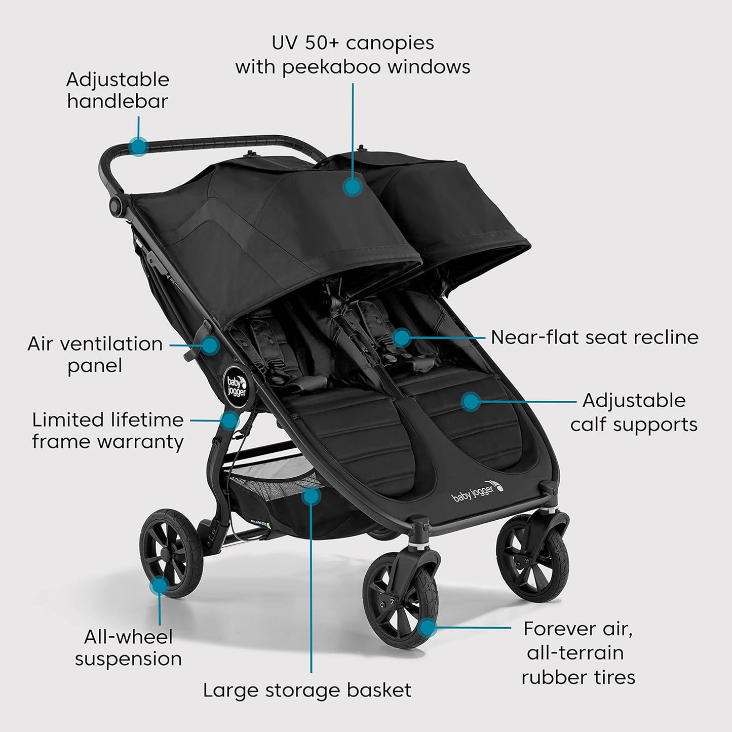 Baby Jogger City Mini GT3 All Terrain Baby Stroller with Forever Air Rubber Tires, All Wheel Suspension, Lightweight Stroller with Magnetic Buckle, No-Rethread Harness, and Foot Brake, Frosted Ivory