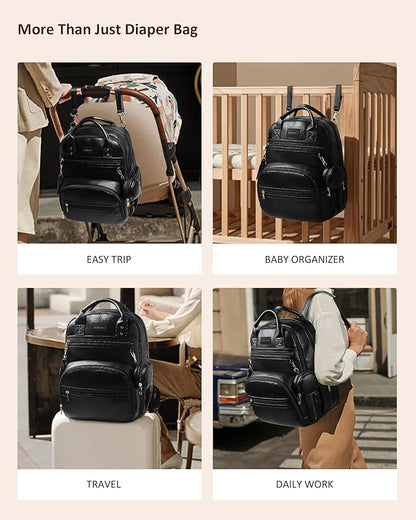 ROSEGIN Premium Vegan Leather Diaper Bag Backpack with Waterproof Changing Pad, Reinforced Zippers & Odor-Free, 20 Pockets Pro Organizer, Fits 15.6" Laptop, Stroller Straps, Baby Bag for Mom, Black