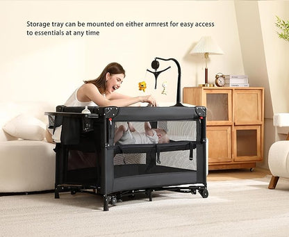 Pack and Play, 4 in 1 Baby Playard – Portable Crib, Bassinet, Bedside Sleeper, Changing Table & Playpen | Breathable Mesh | Safe & Foldable for Newborns to Toddlers (Black)