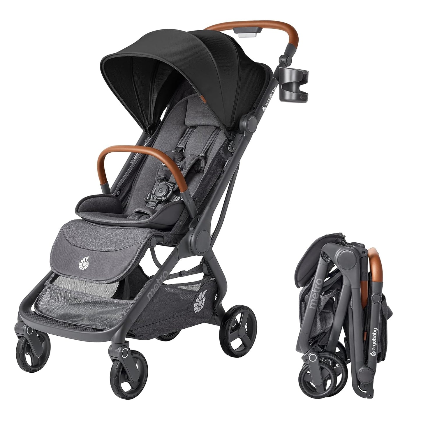 Ergobaby Metro 3 Baby Stroller for Newborns, Infants, and Toddlers - Travel Stroller with One-Hand Fold, Near-Flat Recline, Adjustable Handlebar - Onyx Black