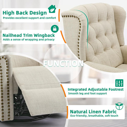 VIVIJASON Power Swivel Rocking Recliner Chair with Massage & Heat, Electric Rocker Nursery Glider Chair, Wingback Tufted Upholstered Recliner W/Type-C & USB Ports for Living Room, Bedroom, Beige