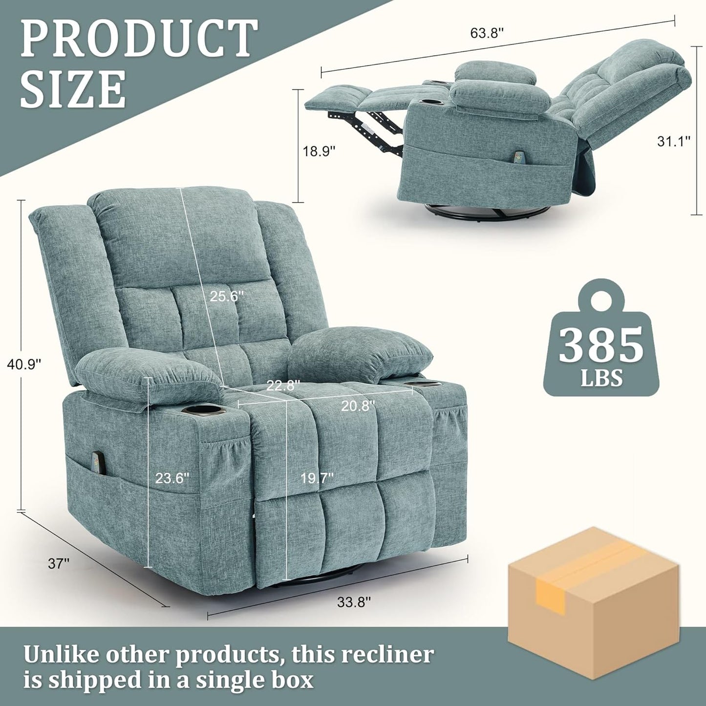 Korser 360° Swivel Rocker Recliner for Adults, Nursery Glider Recliner with Massage and Heating, Rocking Chair with Cup Holder, Manual Recliner Chair for Living Room, Bedroom (Fabric, Beige)