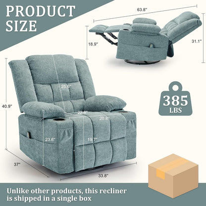 Korser 360° Swivel Rocker Recliner for Adults, Nursery Glider Recliner with Massage and Heating, Rocking Chair with Cup Holder, Manual Recliner Chair for Living Room, Bedroom (Fabric, Beige)