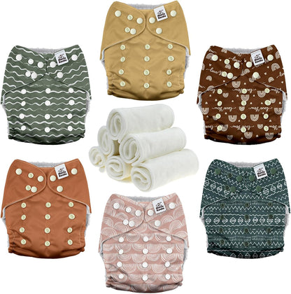 Mama Koala 3.0 Pocket Cloth Diapers for Babies with AWJ Lining, 6 Pack with 6 4-Layer Natural Cloth Diaper Inserts - Reusable and Washable Pocket Diapers(Hardworking Bees) - Colors B