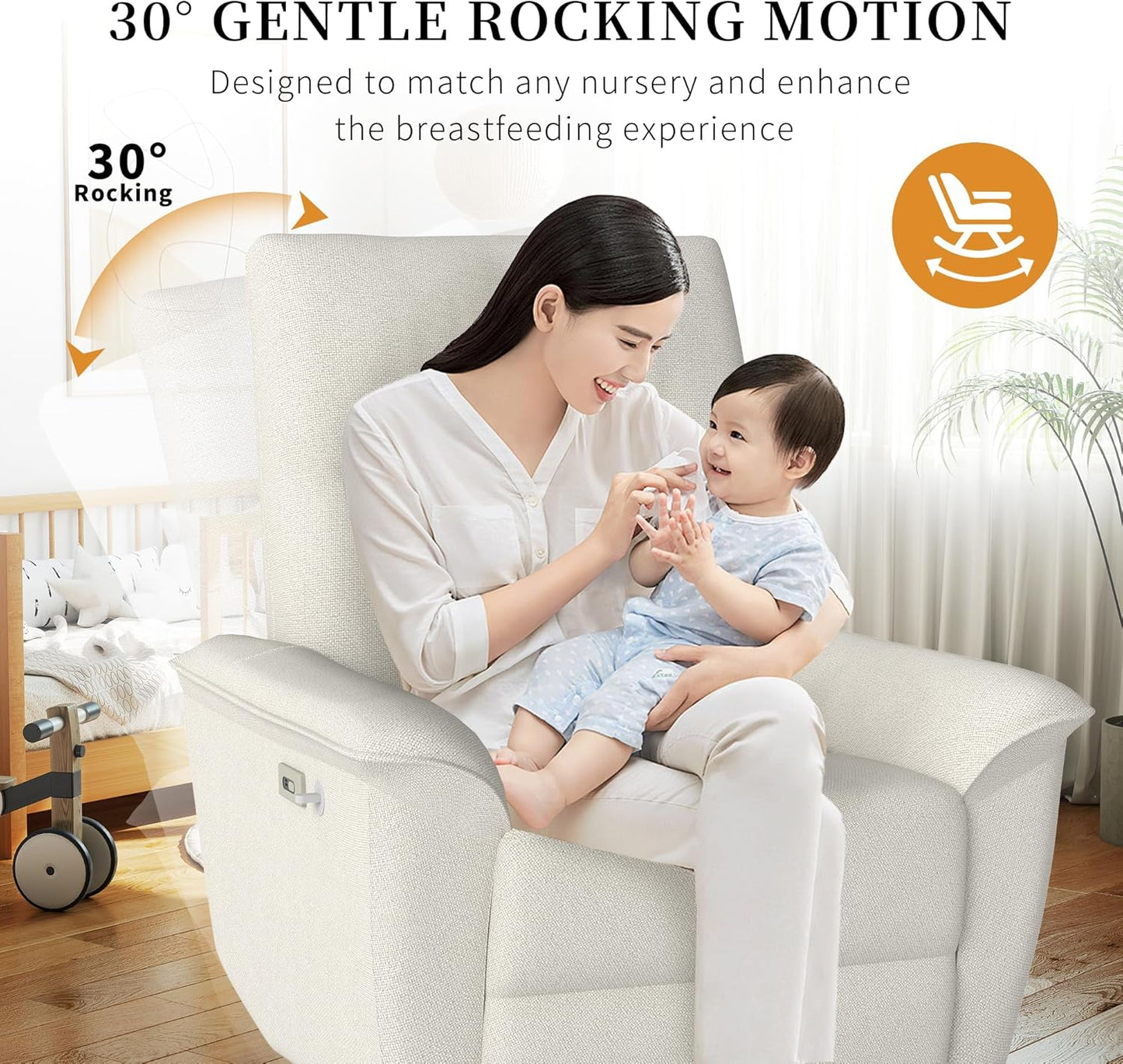 Power Swivel Rocker Recliner Chair for Nursery, Upholstered Glider Rocking Chair with Phone Holder,USB Ports, Small Recliners for Small Spaces Living Room, Bedroom