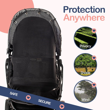 Stroller Sun Shade Extender – Universal Clip-On Baby Stroller Sun Shade Cover, UV Protection, Breathable See-Through Mesh, Adjustable Fit, Large Black