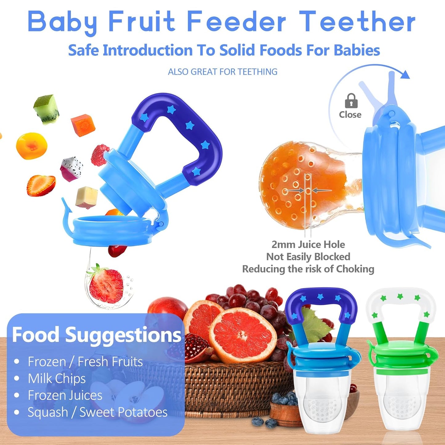 WAJIAYON Baby Fruit Feeder Pacifier | Infant Food Feeder Pacifier & Food Dispensing Spoon | Fresh Fruit Teethers for Babies | Silicone Feeder Baby,Mesh teethers for Babies Gifts for Boys and Girls