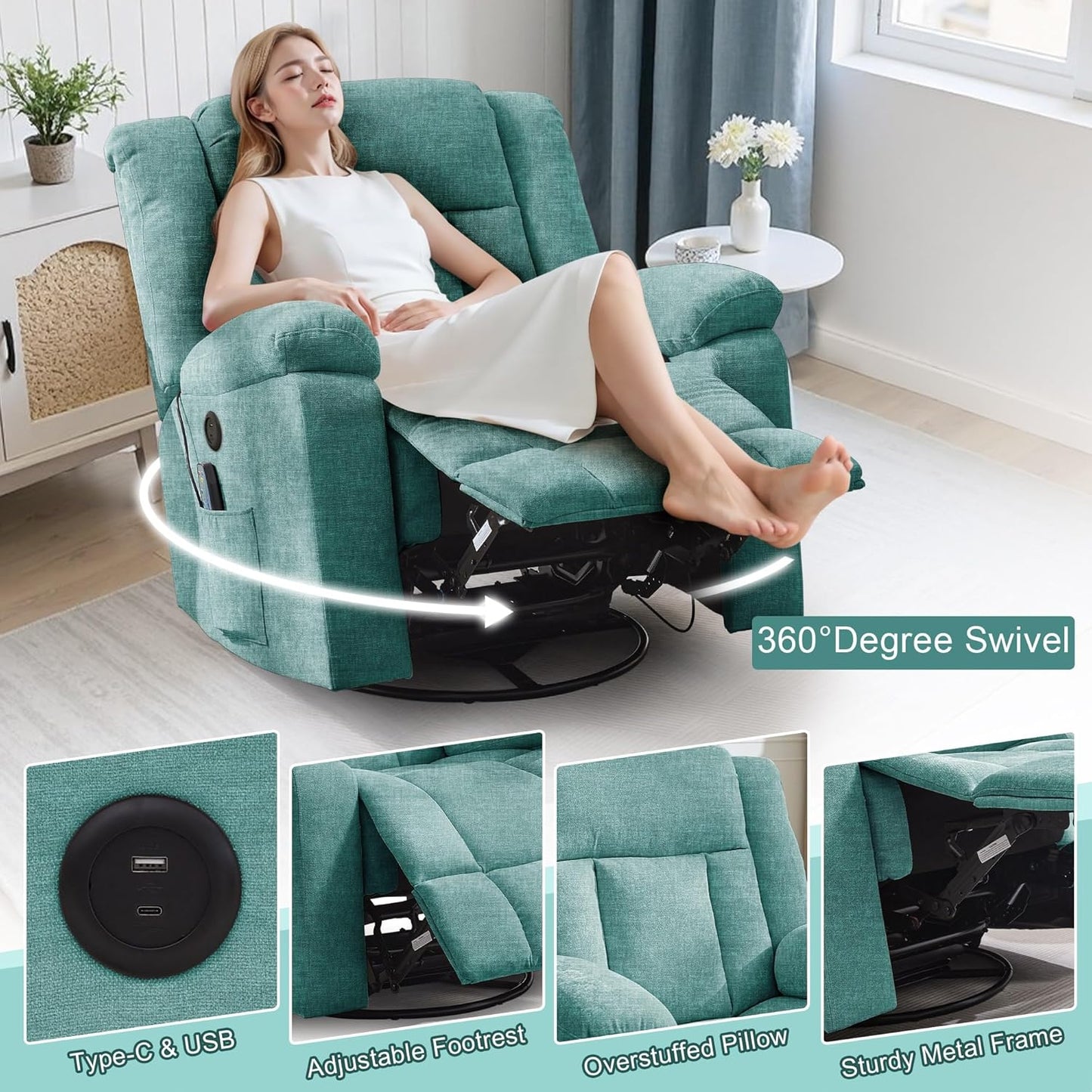 Korser Rocker Recliner, Glider Recliner Chairs for Adults, 360° Swivel Rocking Chair with Massage and Heating, Nursery Chair with Storage and USB Charging for Living Room, Bedroom, Nursery