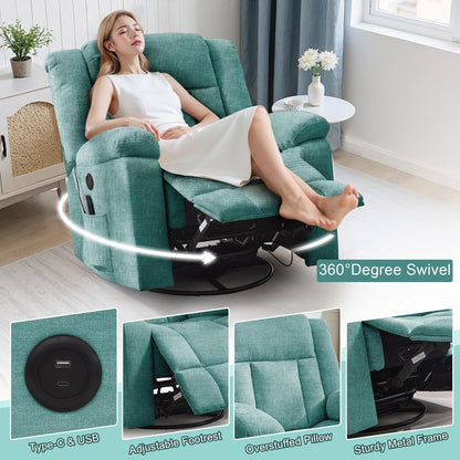Korser Rocker Recliner, Glider Recliner Chairs for Adults, 360° Swivel Rocking Chair with Massage and Heating, Nursery Chair with Storage and USB Charging for Living Room, Bedroom, Nursery