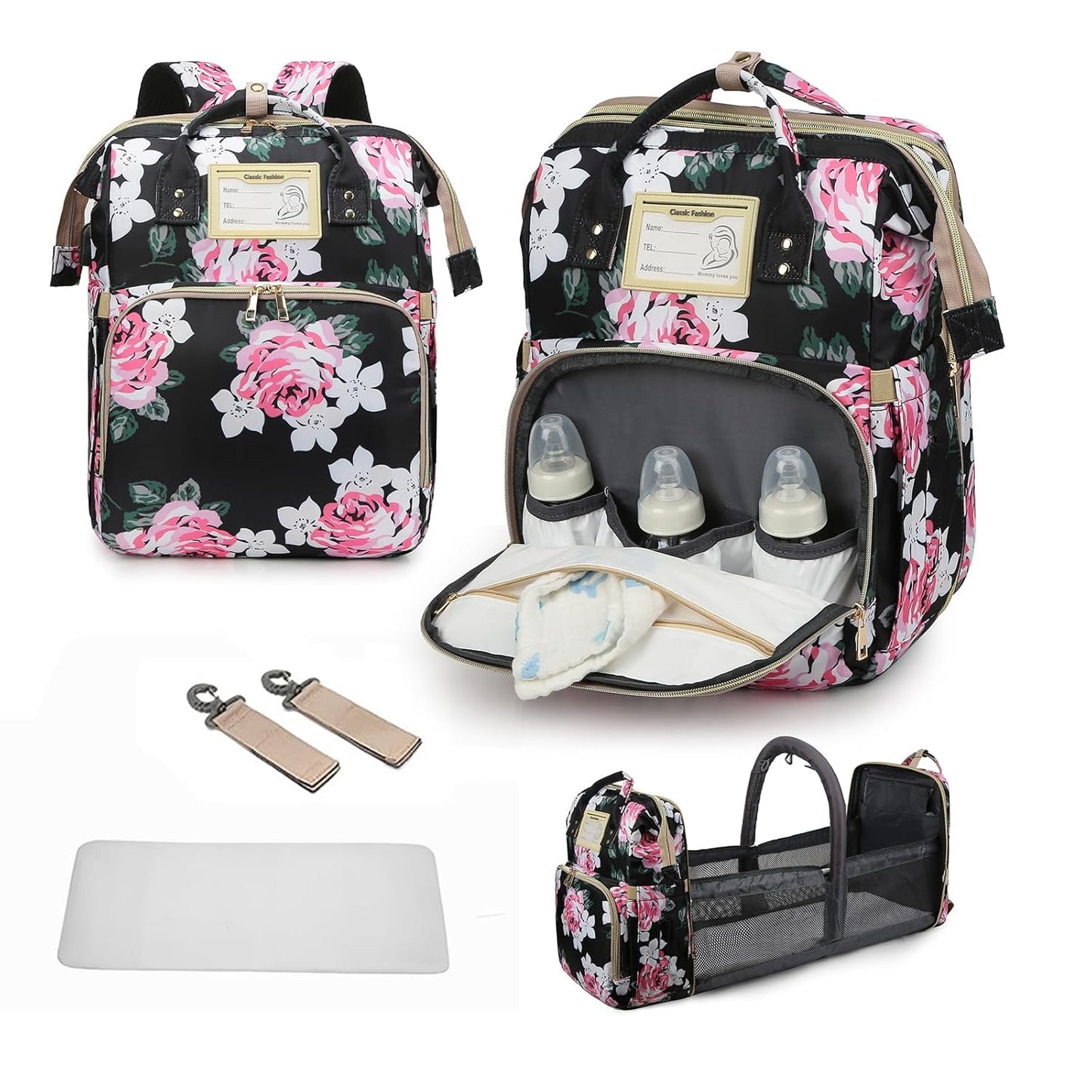 GurZinn Diaper Bag Backpack with Changing Station, Foldable for Bady Toddler, 3 in 1 Large Capacity Newborn Essentials Organizer with Stroller Hook for Girls and Boys（Pink）