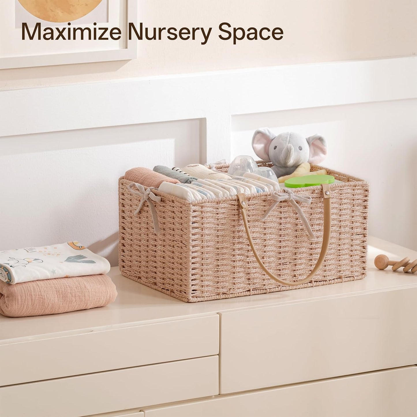 Angelhood Large Paper Rope Diaper Caddy, Baby Essentials Organizer, Portable Baby Shower Baskets Gift Bin, Car Storage Bag for Nursery