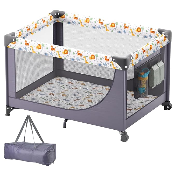 VEVOR Baby Travel Crib and Play Yard, Folding Baby Playpen with Soft Mattress Pad, Portable Toddlers Crib with Breathable Mesh and Travel Bag, Indoor/Outdoor Kid Activity Center for 0-36 Months Babies