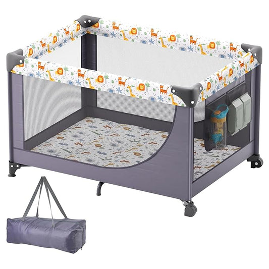 VEVOR Baby Travel Crib and Play Yard, Folding Baby Playpen with Soft Mattress Pad, Portable Toddlers Crib with Breathable Mesh and Travel Bag, Indoor/Outdoor Kid Activity Center for 0-36 Months Babies