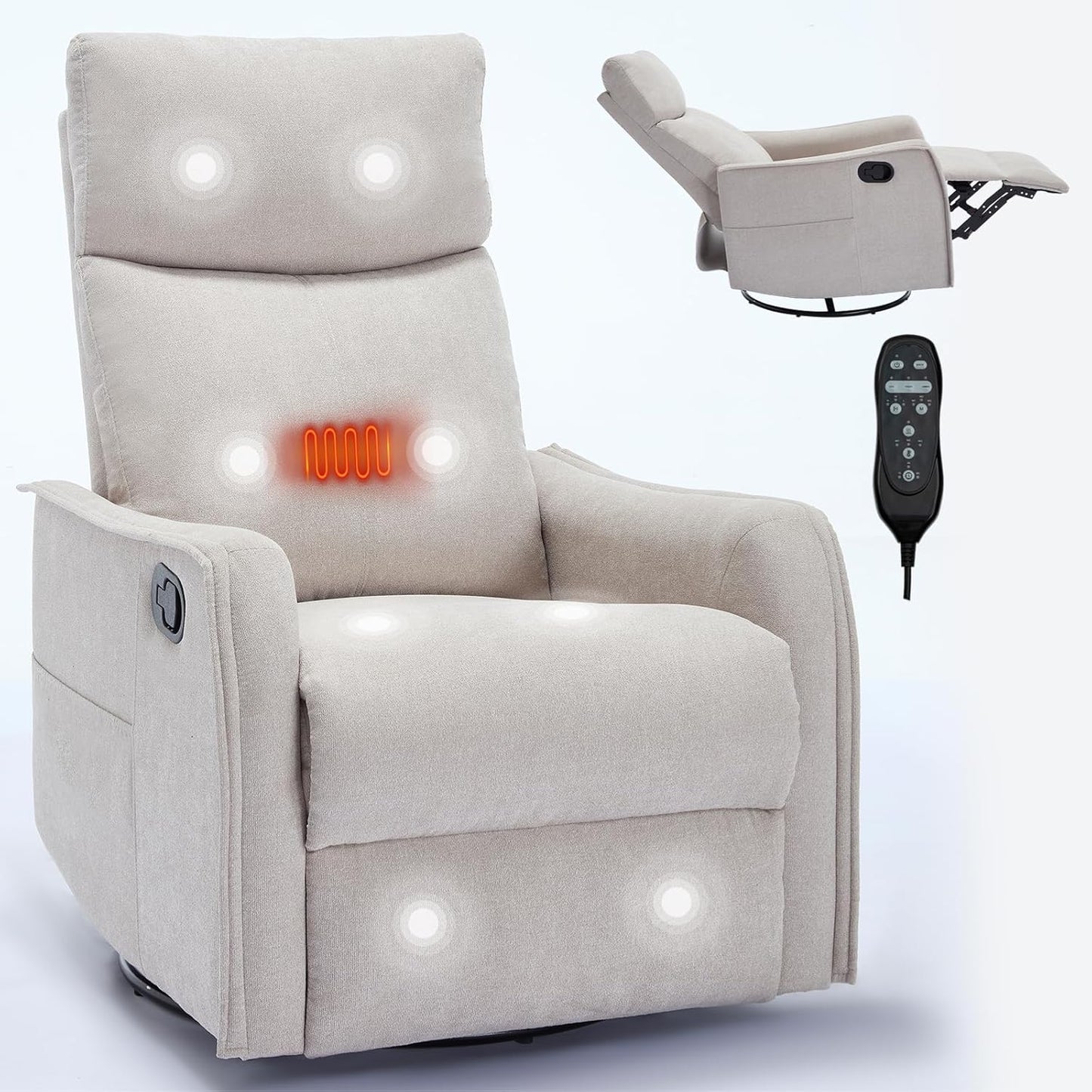 Swivel Rocker Recliner Chair for Adults, Nursery Rocking Chair with Heat and Massage, Glider Reclining Chair for Small Space Living Room Bedroom, Faux Leather Black