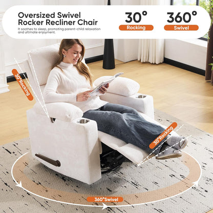 Rocking Chair Nursery with Adjustable Armrests, Electric Glider Recliner Nursing Chair for Breastfeeding, Power Swivel Recliner Chairs with Massage and Heat, Adjustable Headrest , FSC Certified, White