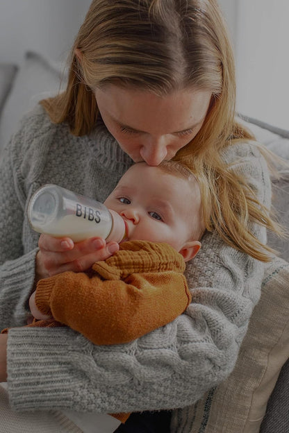 BIBS Baby Glass Bottle. Anti-Colic. Round Natural Rubber Latex Nipple. Supports Natural Breastfeeding, Complete Set - 110 ml, Cloud