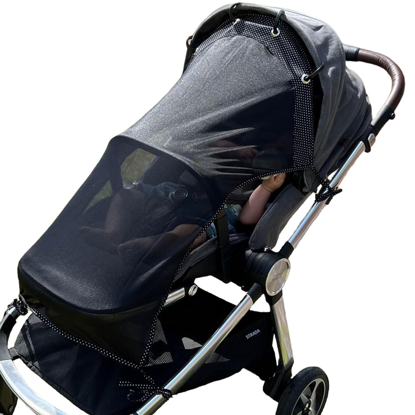 Stroller Sun Shade Extender – Universal Clip-On Baby Stroller Sun Shade Cover, UV Protection, Breathable See-Through Mesh, Adjustable Fit, Large Black