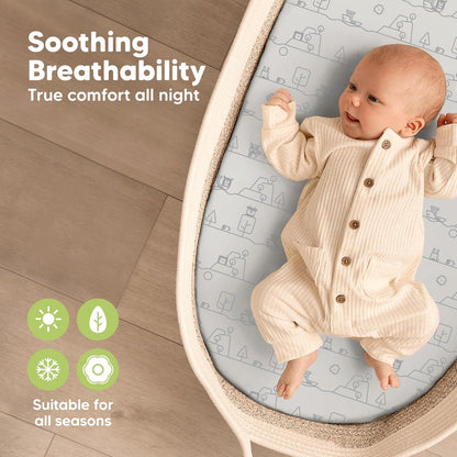 2-Pack Organic Bassinet Sheets for Girls, Boys - 100% Cotton Bassinet Mattress Sheets Compatible with Halo Bassinest Swivel Sleeper, Graco, Baby Delight, Chicco, Unisex Fitted Bassinet Sheets (Elly)