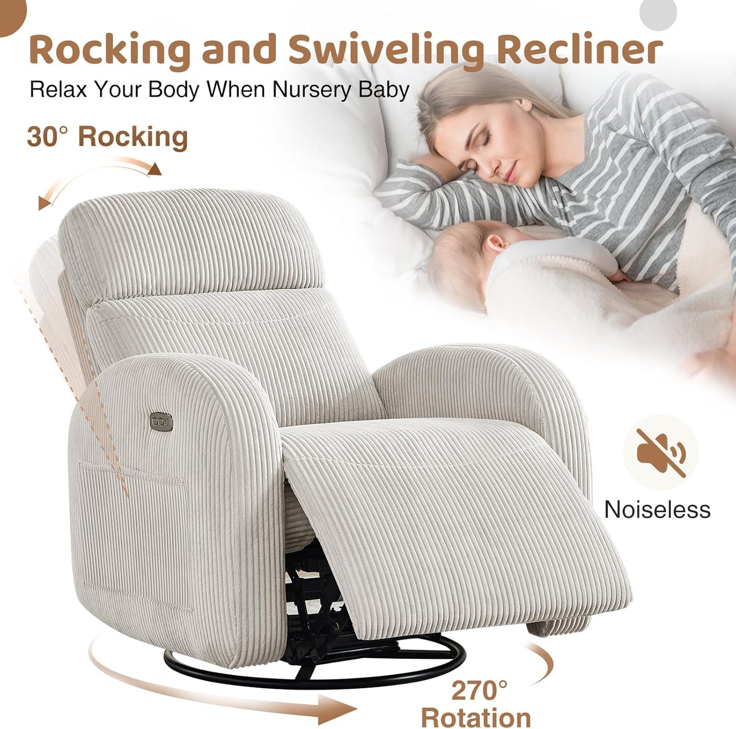 Swivel Rocker Recliner Chair, Rocking Recliner for Nursery with Side Pockets, Manual Swivel Reclining Nursery Glider Chair for Breastfeeding Living Room, Camel Chenille