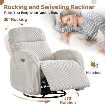Swivel Rocker Recliner Chair, Rocking Recliner for Nursery with Side Pockets, Manual Swivel Reclining Nursery Glider Chair for Breastfeeding Living Room, Camel Chenille