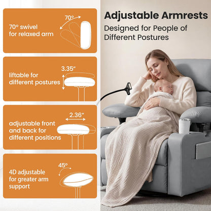 Power Rocking Chair Nursery with Adjustable Armrests and Headrest, Swivel Rocker Recliner with Electric Lumbar Support, Glider Recliners for Breastfeeding, Nursing Chair with USB, Cup Holder, Beige