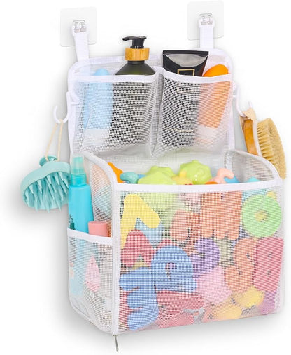 Goowin Bath Toy Storage Holder, Large Openings Bath Toy Organizer, Large Capacity Mesh Bathtub Toy Storage, Multi Use Bath Tub Toy Holder for Bathroom (White)