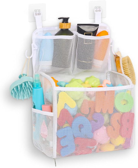 Goowin Bath Toy Storage Holder, Large Openings Bath Toy Organizer, Large Capacity Mesh Bathtub Toy Storage, Multi Use Bath Tub Toy Holder for Bathroom (White)