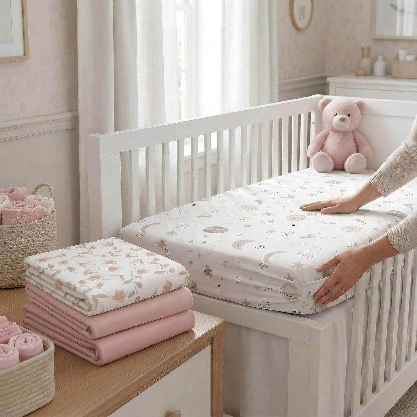 4 Pack Stretchy Bassinet Sheets 20" x 33" Fit for Baby Delight, BCOL, Jimglo, Angelbliss, Maxi-COSI & Most Regular Size Bedside Sleeper- Soft Breathable Fitted Bassinet Sheets - Light Pink & Star