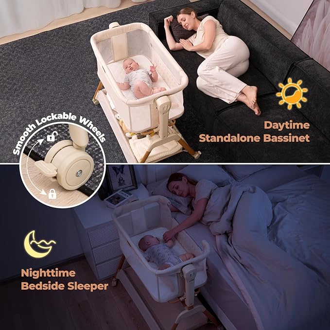 Ezebaby Baby Bassinet Bedside Sleeper: 3-in-1 Rocking Bassinet for Baby - Breathable Full-Mesh Crib with Mattress | 6 Height Adjustable | Portable Crib with Lockable Wheels for Newborns