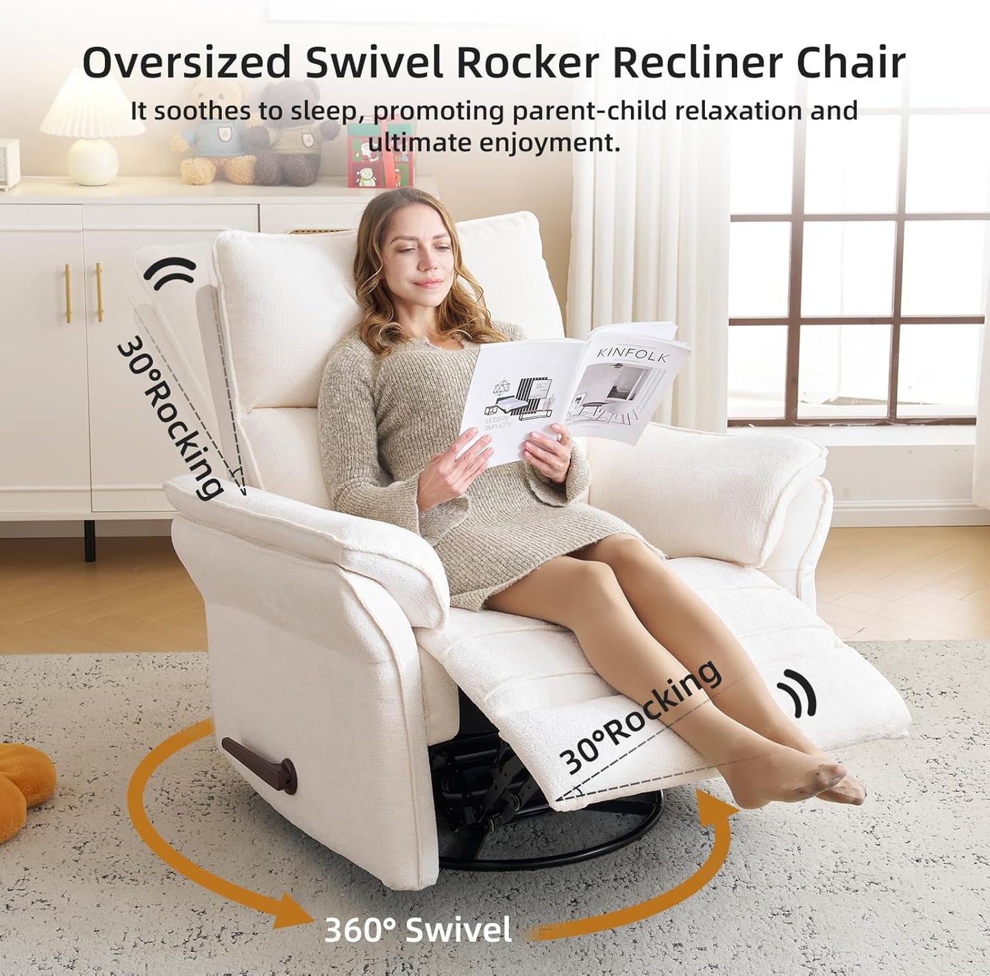 Oversized Glider Rocker Recliner, 26" Extra Wide 360° Swivel Nursery Recliner with Adjustable Headrest, Chenille Rocking Nursery Chair with Overstuffed Armrest, Lumbar Support, Light Grey
