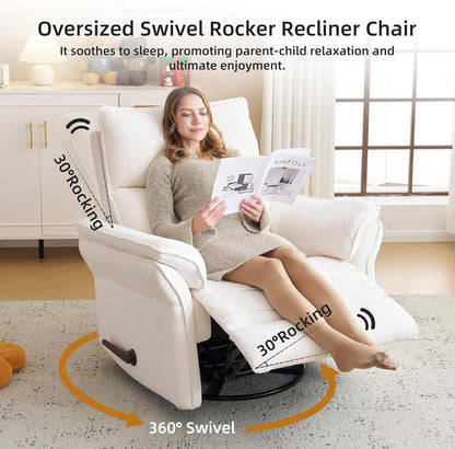 Oversized Glider Rocker Recliner, 26" Extra Wide 360° Swivel Nursery Recliner with Adjustable Headrest, Chenille Rocking Nursery Chair with Overstuffed Armrest, Lumbar Support, Light Grey