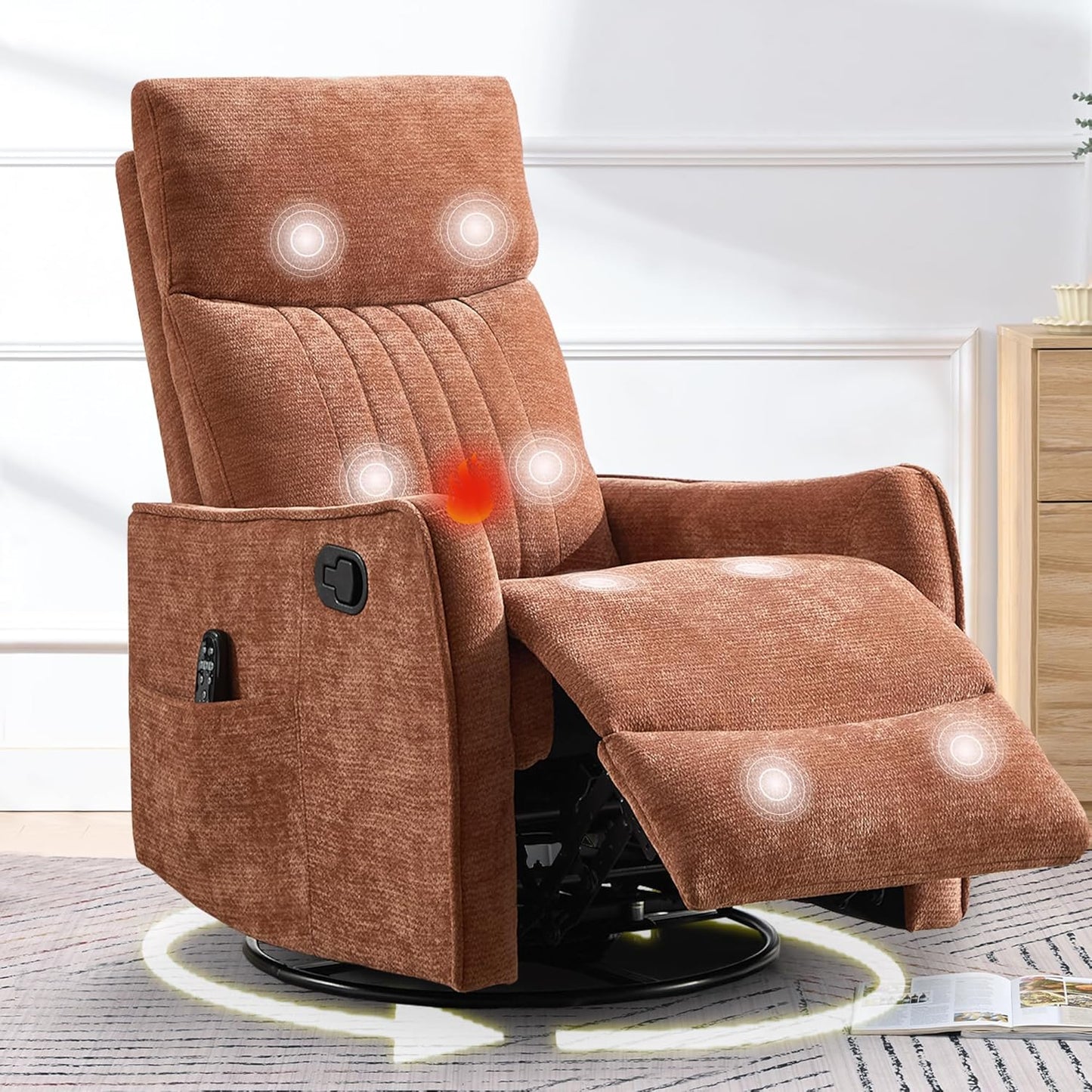 cinkehome Swivel Rocker Recliner, Glider Rocker Recliner Chair for Nursery, Manual Reclining Chair with Heated Massage, Small Spaces, Living Room, Khaki Chenille