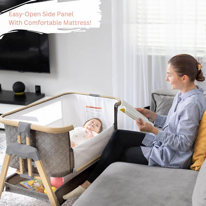 3 In 1 Baby Bassinet with Wheels, Portable Bedside Sleeper for Baby with 7 Adjustable Heights and Foam Mattress, Baby Bedside Crib for Newborns and Infants with Storage Basket, Carry Bag Included