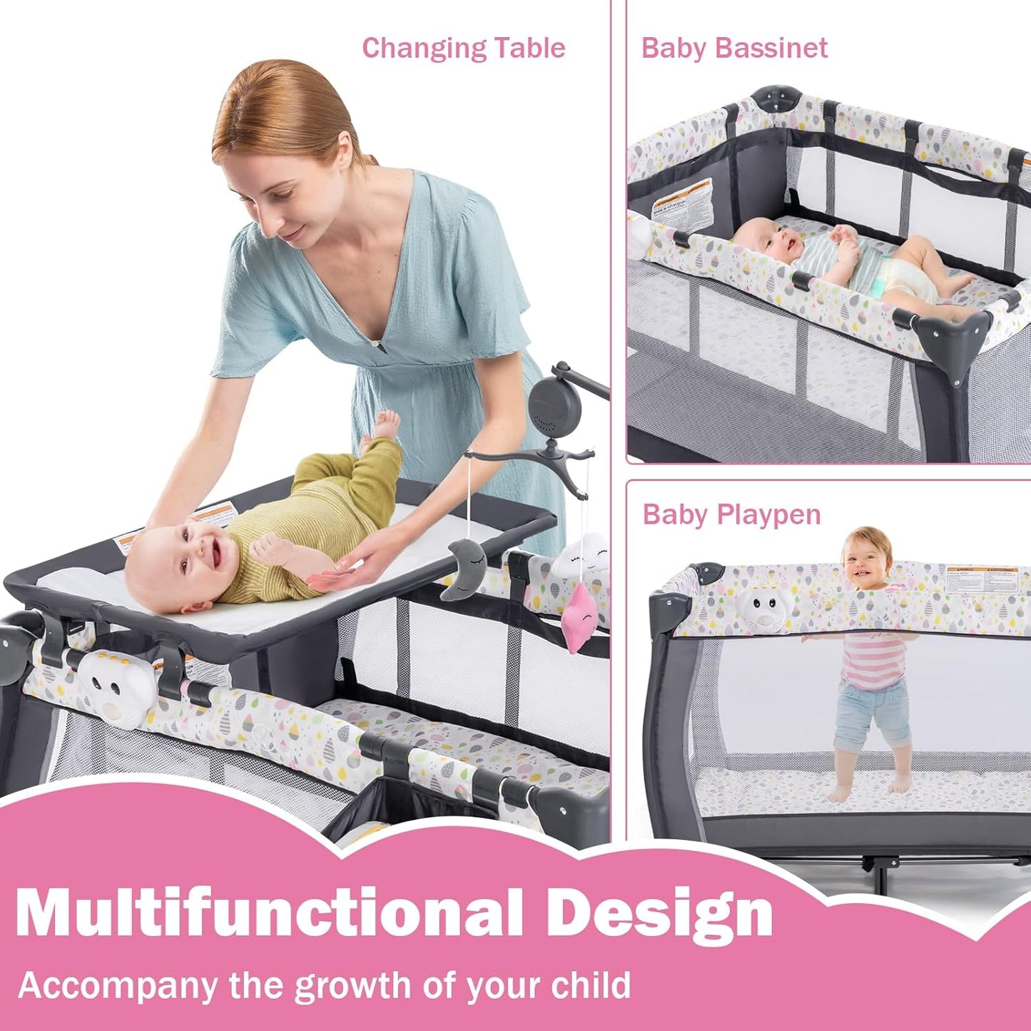 HONEY JOY Pack and Play, 3 in 1 Portable Baby Playard with Bassinet, Changing Table, Lockable Wheels, Music Box, Foldable Travel Baby Crib Nursery Center from Newborn to Toddler (Coffee Pink)
