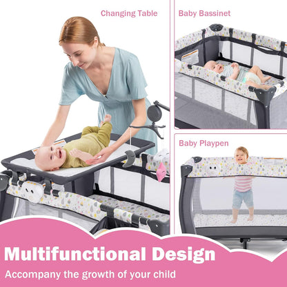 HONEY JOY Pack and Play, 3 in 1 Portable Baby Playard with Bassinet, Changing Table, Lockable Wheels, Music Box, Foldable Travel Baby Crib Nursery Center from Newborn to Toddler (Coffee Pink)