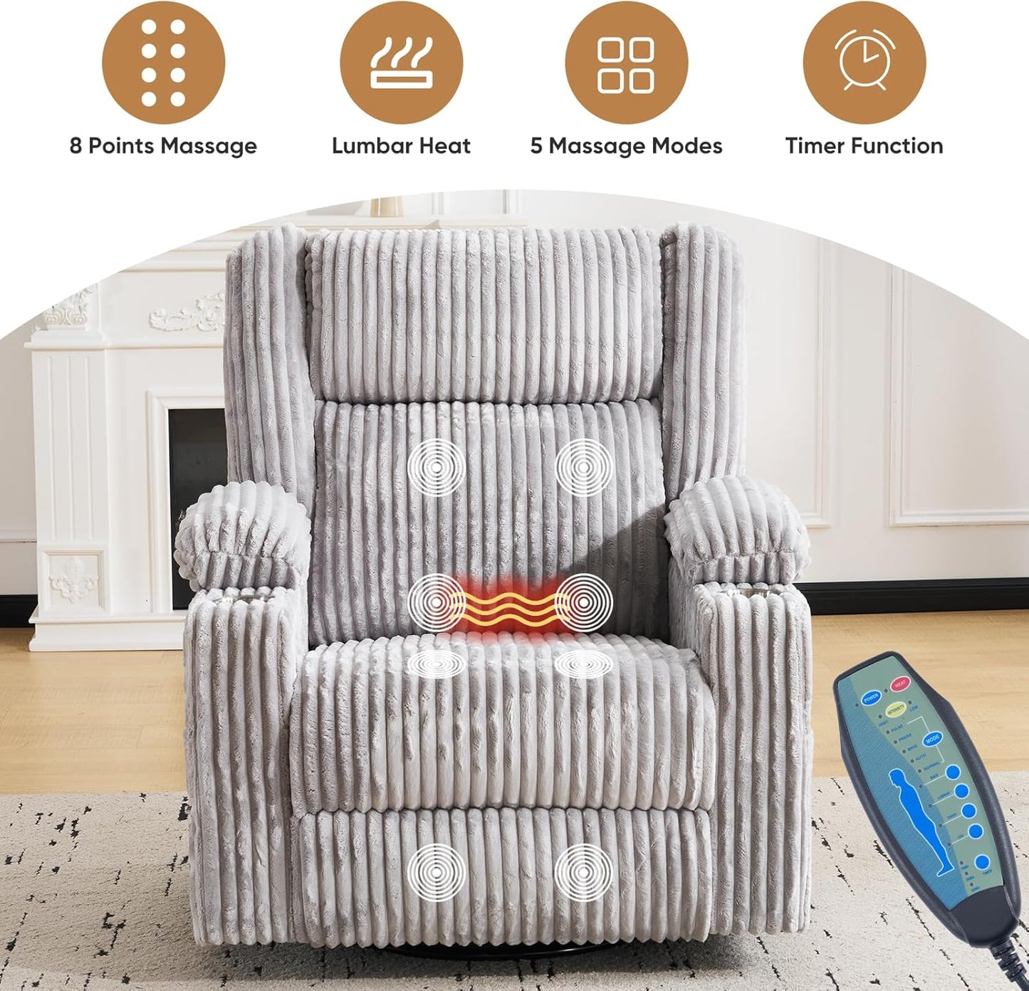 Oversized Power Recliner Chair with Massage and Heat, Swivel Rocker Recliner Chair for Adults with Arm Storage, Nursery Glider Recliner with Adjustable Headrest and Phone Stand, Side Pockets, Beige