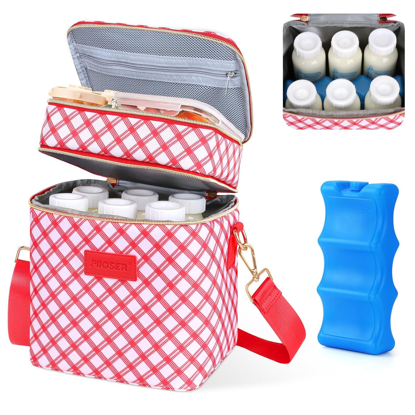 PIIOSER Breastmilk Cooler Bag with Ice Pack Fits 6 Baby Bottles Up to 9 Ounce, Insulated Baby Bottle Tote Bags, Double Layer Waterproof Leak-Proof with Shoulder Strap for Nursing & Working Mom (Grey)