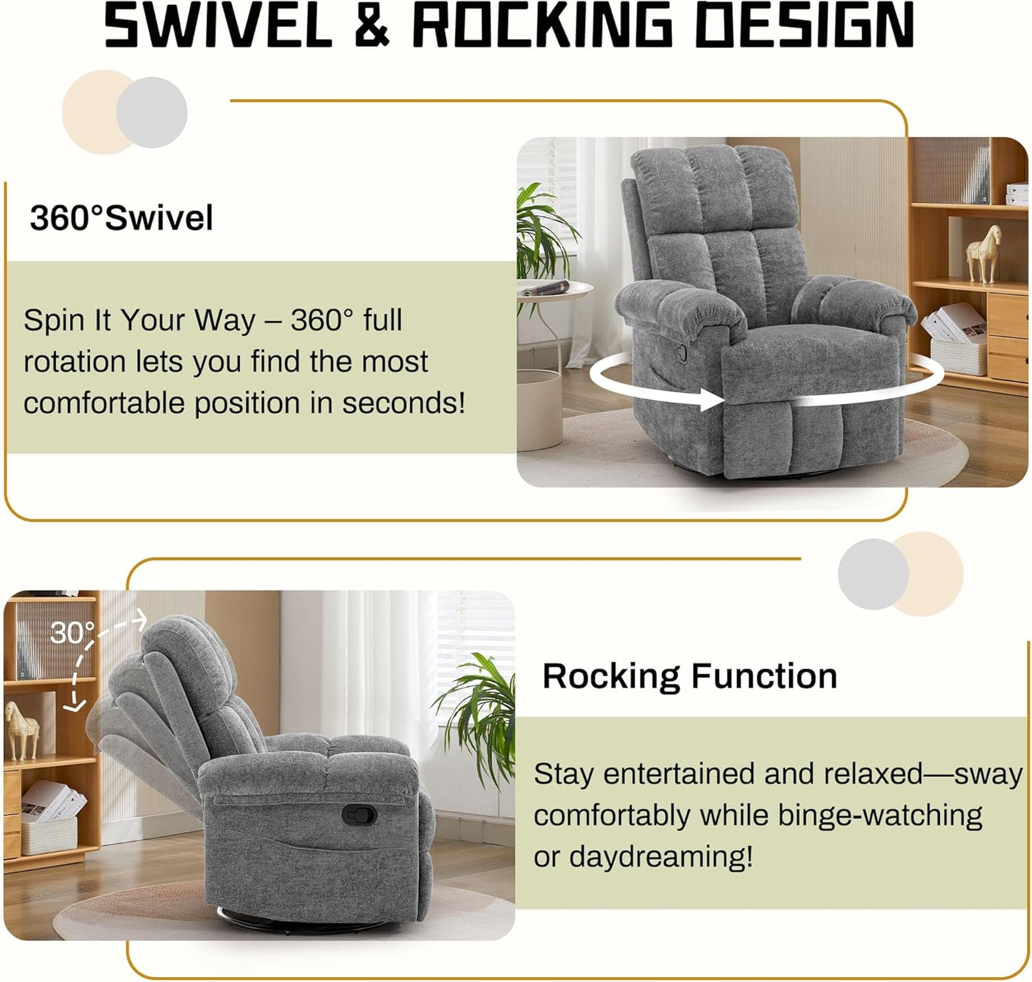 Korser Recliner Chair, Swivel Rocker Recliner Chair for Adults, Small Recliners for Small Spaces, Upholstered Manual Recliner with Side Pockets, Nursery Rocking Chair for Living Room, Chenille, Beige