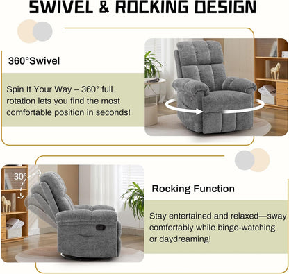 Korser Recliner Chair, Swivel Rocker Recliner Chair for Adults, Small Recliners for Small Spaces, Upholstered Manual Recliner with Side Pockets, Nursery Rocking Chair for Living Room, Chenille, Beige