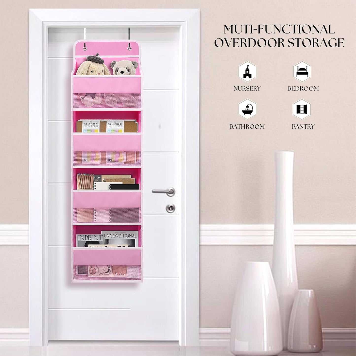Giraffe Creation Over Door Organizer with 4 Large Capacity Pockets, Hanging Organizer Storage for Closet Bathroom Nursery Bedroom Dorm, Toys Cosmetics Sundries and Baby Essentials, Pink