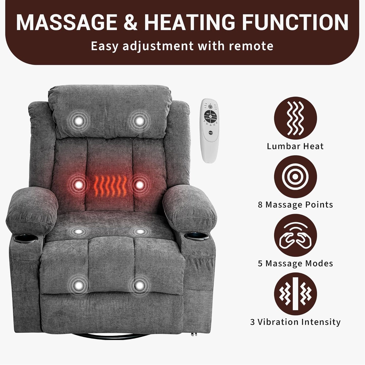 GarveeLife Rocking Recliner Chair for Nursery Glider Recliner with Cup Holder Swivel Rocker with Upholstered Deep Seat Comfy Single Sofa for Living Room Grey